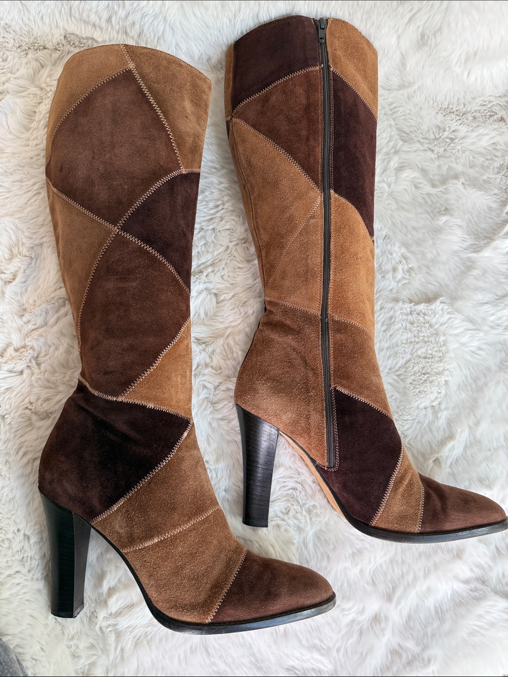 J. Crew Two-Tone Brown Patchwork Suede Knee Boots 9.5M GORGEOUS